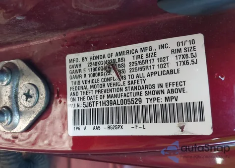 2010 Honda Accord Crosstour Ex z USA, uszkodzony, nr VIN 5J6TF1H39AL005529